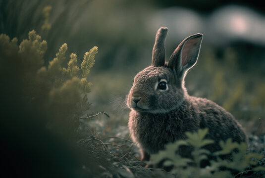 Cute rabbit on the background of nature. Created with Generative AI technology.
