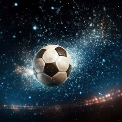 Fototapeta premium Football in the air surrounded by glowing stars. Made with Generative AI.
