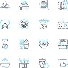 Cuisine linear icons set. Gourmet, Ethnic, Fusion, Comfort, Rustic, Spicy, Savory line vector and concept signs. Zesty,Simple,Delicate outline illustrations