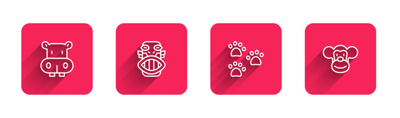 Set line Hippo or Hippopotamus, Mexican mayan aztec mask, Paw print and Monkey with long shadow. Red square button. Vector
