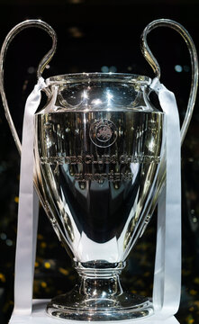 The UEFA champions league trophy winners of Real Madrid football club inside Santiago Bernabeu stadium museum