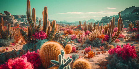 psychedelic and surreal scenery with cactus in the desert, created with generative ai - obrazy, fototapety, plakaty