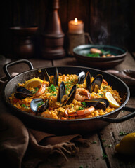 Seafood paella in a frying pan on a wooden background