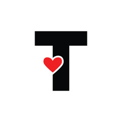 Letter T with Red heart monogram. T letter icon with love.