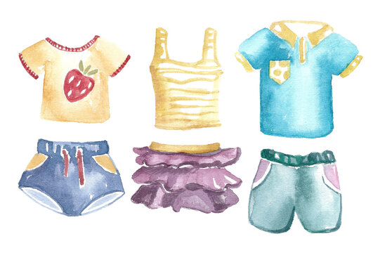 A set of summer clothes for children. Short shorts and printed T-shirts, flounced skirt and striped tank top. Hand drawn watercolor illustration isolated on white background