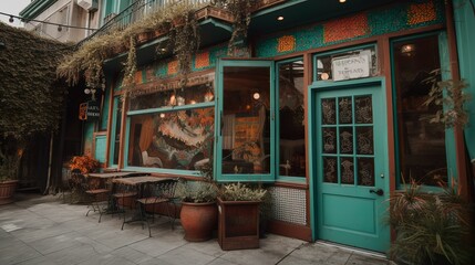 Cozy bohemian coffee house exterior with plants, AI generated 