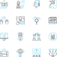 Corporation company linear icons set. Profitable, Innovative, Global, Successful, Ethical, Ambitious, Strategic line vector and concept signs. Professional,Dynamic,Progressive outline illustrations