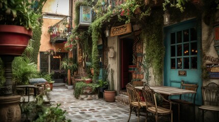 Obraz premium Cozy french cafe exterior with green plants, AI generated