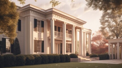 Obraz premium Greek revival exterior house design in daytime golden hour generative ai