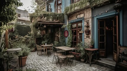 Rustic and bohemian style coffee house exterior, AI generated 