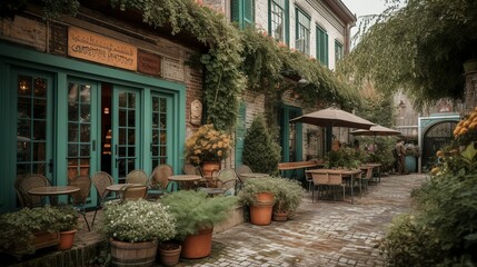 Obraz premium Cozy french cafe exterior with green plants, AI generated