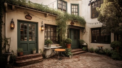 Naklejka na ściany i meble Cozy bohemian coffee house exterior with plants, AI generated 