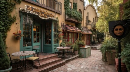 Fototapeta na wymiar Classic and bohemian style cafe exterior in a French cozy street, AI generated