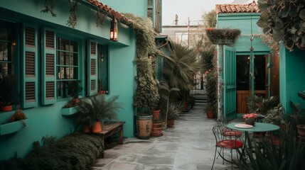 Fototapety  Turquoise bohemian-style coffee house exterior, AI generated 