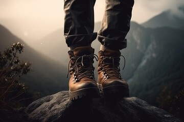 hiking in climbing boots in the mountains - Generative AI
