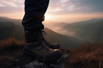 hiking in climbing boots in the mountains - Generative AI