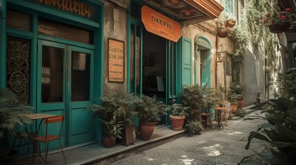 Obraz premium Classic and bohemian style cafe exterior in a French cozy street, AI generated