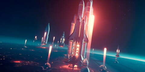 futuristic spaceport with advanced spaceships launching into space and returning back to Earth. Generative AI