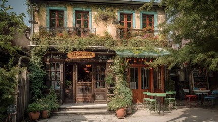 Fototapeta premium Rustic and funky french cafe with lot of plants, AI generated