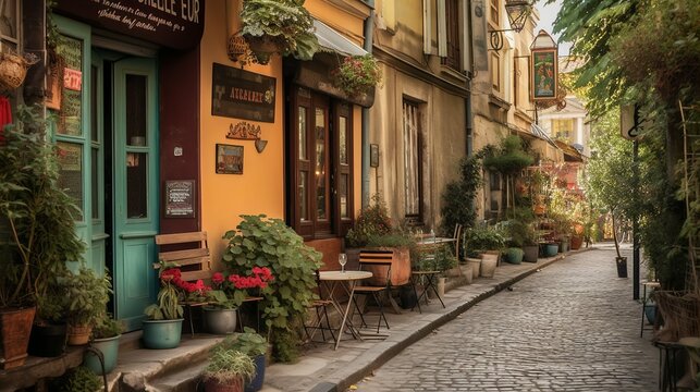 Fototapeta Cozy bohemian coffee house exterior with plants, AI generated