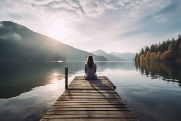 Young woman meditating at a lake. Generative AI.