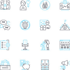 Financial Managers linear icons set. Analysis, Budgeting, Investments, Accounting, Planning, Forecasting, Reporting line vector and concept signs. Risk,Strategy,Decision-making outline illustrations