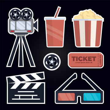 movie house, cinema, filmmaking, set of isolated stickers. popcorn bucket, drink, movie camera, ticket, 3d glasses, videotape, movie clapper. vector flat simple cartoon film industry items.