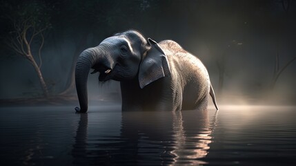 an elephant walking along river in antural atmosphere, Generative Ai