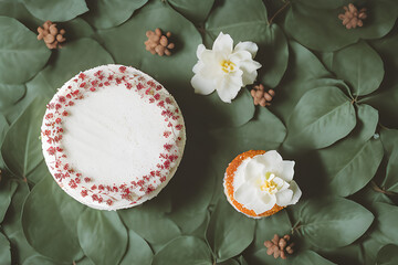 Plano cenital de una tarta cheesecake de repostería. Una tarta de queso decorada con fruta roja y puesta sobre unas hojas verdes. Ilustración creada con herramientas generativas de IA.