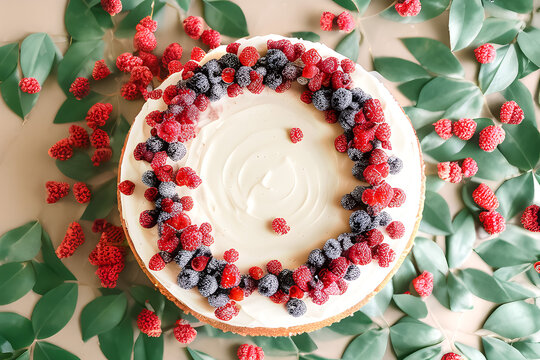 Plano cenital de una tarta cheesecake decorada con frutas del bosque. Tarta blanca sobre unas hojas verdes. Ilustraci&oacute;n creada con herramientas generativas de IA.