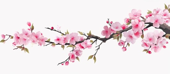 Cherry Blossoms on a Branch with White Background, Leaves, Spring, Japanese, Sakura, Stylized