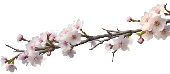 Cherry Blossoms on a Branch with White Background, Leaves, Spring, Japanese, Sakura, Realistic