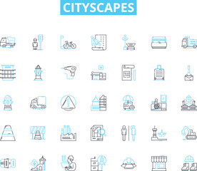 Fototapeta na wymiar Cityscapes linear icons set. Vibrant, Skyscrapers, Urban, Skyline, Crowded, Traffic, Energy line vector and concept signs. Diversity,Culture,Nightlife outline illustrations