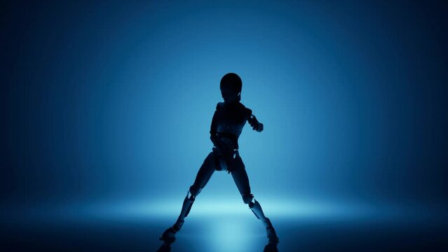 3d render animation of silhouette feminine robot dancing at blue floor background. Happy artificial inteligence in move