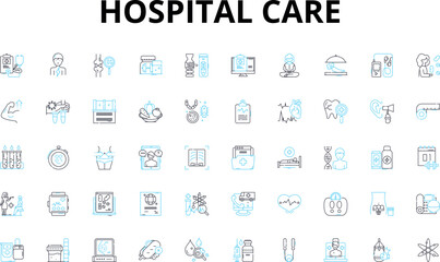 Hospital care linear icons set. Treatment, Emergency, Surgery, Medicine, Nurses, Patient, Rehabilitation vector symbols and line concept signs. Pain,Inpatient,Outpatient illustration - obrazy, fototapety, plakaty