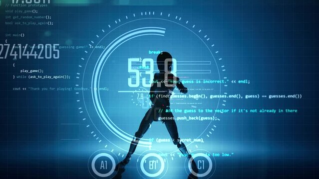 3d render animation of silhouette feminine robot dancing at blue floor background. Happy artificial inteligence in move with hud interface video effects motion graphic