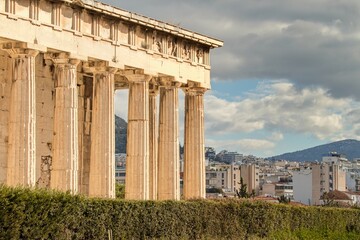 Temple of Hephaestus (Hephaisteion) in Agora of Athens, on top of the Agoraios Kolonos hill without people during sunny winter day 