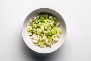 Garlic leek chopped in a white bowl. Ingredients for juice, salad, dishes, cuisine.