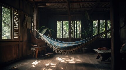 cozy wooden cottage in jungle, hanging hammock in cabin with sunlight shine through glass window, Generative Ai