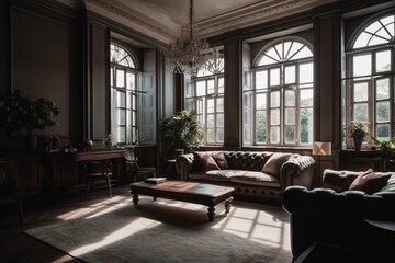 Fototapeta na wymiar Living room with a large window. Generative AI