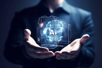 Man holding digital object in hands with abstract digital images. AI concept