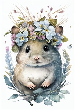 Beautiful watercolor mouse baby portrait, great design with flowers crown. Cute wildlife animal cartoon drawing Poster design mouse Isolated white background. Beauty farm animal print.