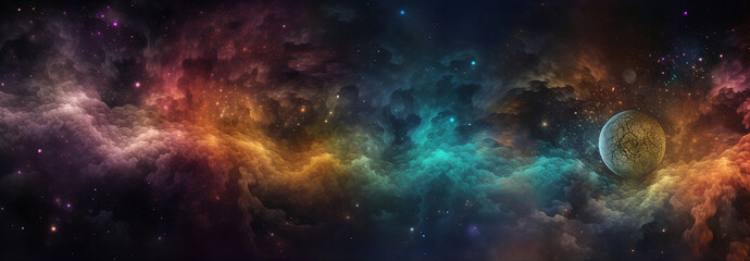 Fototapeta na wymiar Beautiful space galaxy nebula background with moon, planets, clouds and lots of stars. Generative AI