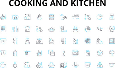 Fototapeta na wymiar Cooking and kitchen linear icons set. Whisk, Grate, Bake, Saute, Simmer, Boil, Roast vector symbols and line concept signs. Chop,Slice,Fry illustration