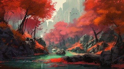 Obraz na płótnie Canvas artistic illustration of Asian autumn river landscape, Generative ai