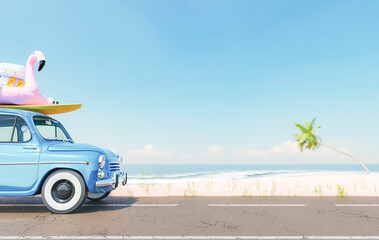 Vintage car with beach accessories on roof parked on road near seashore