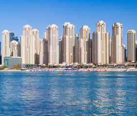 Panorama of new apartments and hotels on oceanfront in Jumeirah Beach Residence area of Dubai