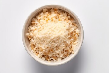 Parmesan in a white bowl. Ingredients for juice, salad, dishes, cuisine.