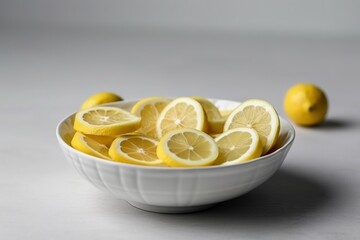 Lemon slices in a white bowl. Ingredients for juice, salad, dishes, cuisine.