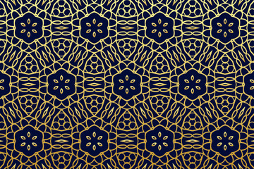 Luxury blue background with islamic, persian, indian pattern, arabesque, arabic geometric golden texture. Ethnic oriental patterns, tribal openwork ornaments, doodle. Stained glass style.